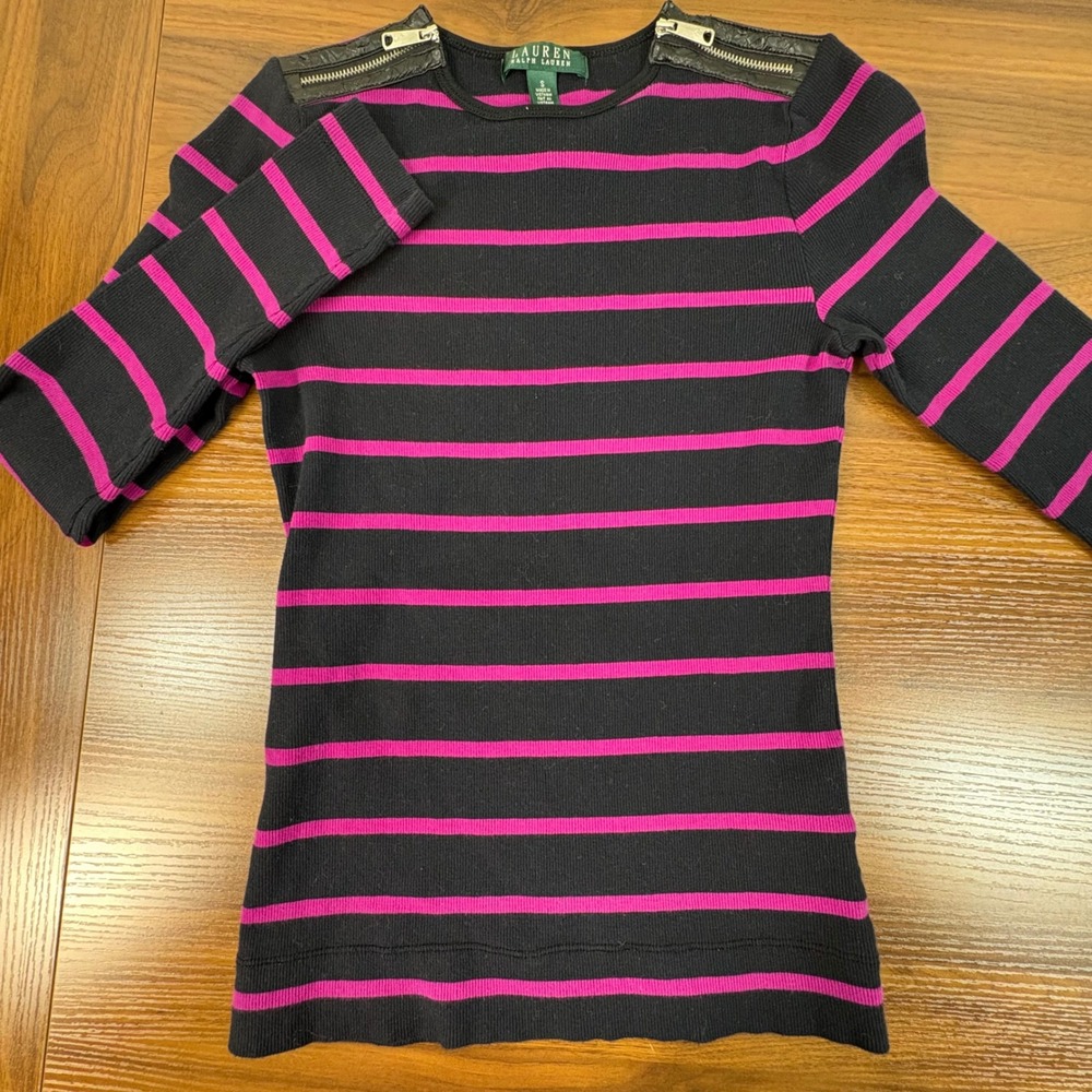 Lauren Ralph Lauren Womens Navy Fuchsia Striped Ribbed Top Faux Leather Zipper S